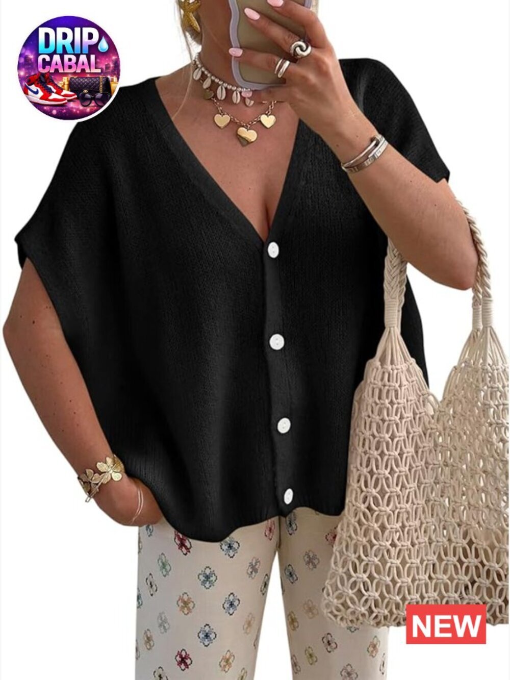 Oversized Batwing Short Sleeve V Neck Cardigan Lightweight Knit Sweater